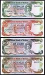 Central Bank of Belize, $1, $5, $10, $20, (1987-89), (Pick 46, 47, 48, 49), all uncirculated, $5 wit