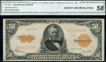 x United States, Gold Certificate, $50, Series of 1922, serial number B1857343, black on orange unde