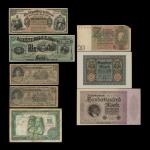 世界纸币一组八枚，包括1879年秘鲁伍索尔，1900年瓜地马拉一比索两枚，20年代德国纸币三枚，品相不一，敬请预覧（8）