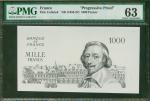 1953-57年法国银行1000法郎单面试印票，PMG63, 少见