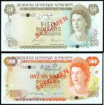 Bermuda, a pair of $50 and $100 specimens, 1978 and 1982, olive and orange, Elizabeth II at right, r