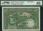 Banco de Angola, specimen 100 angolares, 1 June 1927, red serial number 1B 00000, green on lighter g