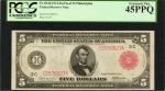 Fr. 834b. 1914 $5 Federal Reserve Note. Red Seal. Philadelphia. PCGS Extremely Fine 45 PPQ.