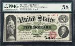 Fr. 61a. 1862 $5 Legal Tender Note. PMG Choice About Uncirculated 58 EPQ.