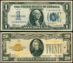 美国1934年1元及1928年金圆券20元，世界纸币