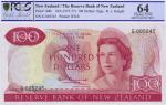 New Zealand; "Reserve Bank of New Zealand", 1975-77, $100, P.#168b, sn. G 005245, UNC.(1) PCGS Choic