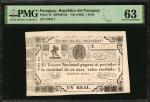 PARAGUAY. Republica del Paraguay. 1 Real, ND (1865). P-18. PMG Choice Uncirculated 63.