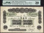 Government of India, 10 rupees, Calcutta, 21 October 1901, serial number OA/68 46590, black with gre