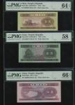 1953年中国人民银行第二版人民币1，2，5角一组三枚，编号 IV I III 4998058，VII IV I 6596777及VII II I 3598758，分别PMG 64EPQ, 58 及 