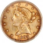1905年美国5元金币，PCGS Genuine Cleaned AU Detail