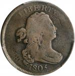 1805 Draped Bust Half Cent. C-1. Rarity-1. Medium 5, Stemless Wreath--Double Struck--VG-8 (PCGS).