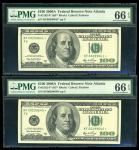2006年美国一佰圆一组两枚补版，编号KF00299640*-299641*，均PMG66EPQ（2） United States: Federal Reserve Note, a pair of $