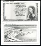 Central Bank of Malta, archival photograph of a £5, ND (1949), no. 36 black and white, Elizabeth II 