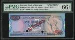 1989年圭亚那银行100元样票，德拉鲁红印，PMG 66EPQ