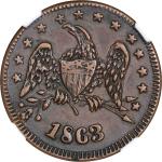 1863 Heraldic Eagle / NOT ONE CENT. Fuld-285/383 a. Rarity-7. Copper. Plain Edge. AU-58 BN (NGC).