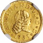 SPAIN. 1/2 Escudo, 1751-M JB. Madrid Mint. Ferdinand VI. NGC AU-58.
