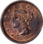 1855 Braided Hair Cent. N-4. Rarity-1. Upright 5s. MS-65 RD (PCGS).