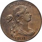 1801 Draped Bust Cent. S-221. Rarity-2. 1/100 Over 1/000. AU-50 (PCGS).