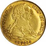 SPAIN. 8 Escudos, 1788-SC. Seville Mint. Charles III (1759-88). PCGS AU-58.