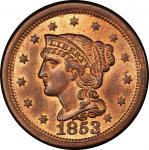 1853 Braided Hair Cent. Newcomb-1. Rarity-2. Mint State-66 RB (PCGS).