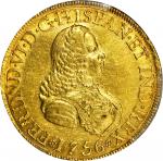 COLOMBIA. 1756-S 8 Escudos. Santa Fe de Nuevo Reino (Bogotá) mint. Ferdinand VI (1746-1759). Restrep