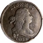 1805 Draped Bust Half Cent. C-2. Rarity-5. Small 5, Stems to Wreath. Fine-15 (PCGS).