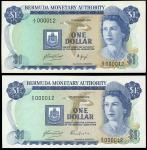 Bermuda Monetary Authority, $1 (2), 1976, 1979, serial numbers A/2 000012 and A/5 000012, blue, Eliz