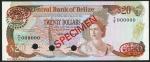 Central Bank of Belize, specimen $20, brown, 1 January 1987, serial number T/6 000000, portrait of Q