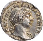 TRAJAN, A.D. 98-117. AR Denarius (3.25 gms), Rome Mint, ca. A.D. 107-108. NGC Ch AU, Strike: 5/5 Sur
