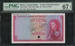 1967年马尔他5镑试色样票，PMG 67EPQ。Central Bank of Malta, 5 pounds, color trial specimen, 1967 (ND 1968), (Pic