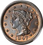 1847 Braided Hair Cent. N-26, 17. Rarity-3. MS-64 RB (PCGS).
