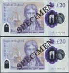 Bank of England, Sarah John, polymer £20, ND (20 February 2020), serial number AA01 000126/127, purp