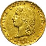 COLOMBIA. 1867 10 Pesos. Medellín mint. Restrepo M333.2. AU-55 (PCGS).