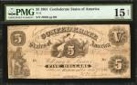 T-11. Confederate Currency. 1861 $5. PMG Choice Fine 15 Net. Repaired and Reconstructed.