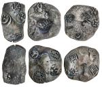 Ancient India. Vatsa. Punchmarked Coinage. Lot of three AR Karshapana, ca. 500-410 BC. Various symbo