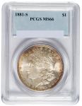 1881美国摩根女神壹圆银币一枚，五彩氧化，完美银光，PCGS评级鉴定MS66