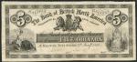 Bank of British North America, proof $5, 2 January 1871, black and white, bank title top centre, all