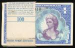 1968年美国1元军用钞100枚连号，编号B06140301B－400B，UNC品相有微黄，附原封条