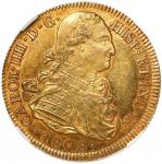 Bogota, Colombia, gold bust 8 escudos, Charles IV, 1808 JF, no dot between IN and the mintmark, NGC 
