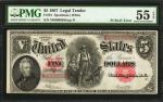 Fr. 91. 1907 $5  Legal Tender Note. PMG About Uncirculated 55 EPQ.