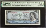 1954年加拿大银行5加元 PMG Choice Unc 64 Bank of Canada. 5 Dollars, 1954
