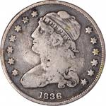 P in a oval box punch on an 1836 B-3 Capped Bust quarter. Brunk-Unlisted, Rulau-Unlisted. Host coin 