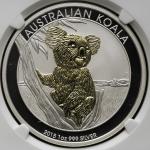 AUSTRALIA オーストラリア Dollar 2015P  NGC-MS70“Early Releases“ UNC，コアラ コアラの部分金鍍金 1Oz銀貨 UNC