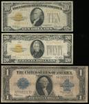 美国纸钞一组3枚，包括1928年10及20元金元券，及1923年1元银元券，编号A67037974A，A31429424A及 X67432017D，F至VF品相