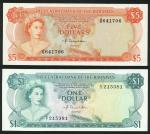 Central Bank of the Bahamas, $1, prefix E/1, green and $5, orange, prefix G, both 1974, orange on mu