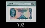 英伦银行5镑(1961-63)Bank of England, 5 Pounds, ND (1961-63), s/n J25 557405. PMG EPQ65 Gem UNC