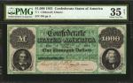 T-1. Confederate Currency. 1861 $1000. PMG Choice Very Fine 35 Net. Cancelled, Cancellation Repairs.