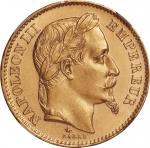 フランス(France), 1867, 金(Au), 20フラン Francs, NGC MS64, 未使用, UNC, ナポレオン3世 月桂冠像 20フラン金貨 1867年(A) KM801.1