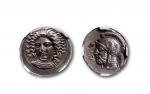 古希腊西里西拉水仙女及战神阿瑞斯银币一枚，重：10.7g，NGC AU            公元前380-前373年塔尔苏斯城波斯总督法纳巴卓斯发行正面为戴耳环的女神水仙女阿瑞苏萨。背面是戴阿提卡式