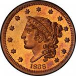1838 Modified Matron Head Cent. Newcomb-11, 13. Rarity-6- as a Proof. Proof-65 RB (PCGS).